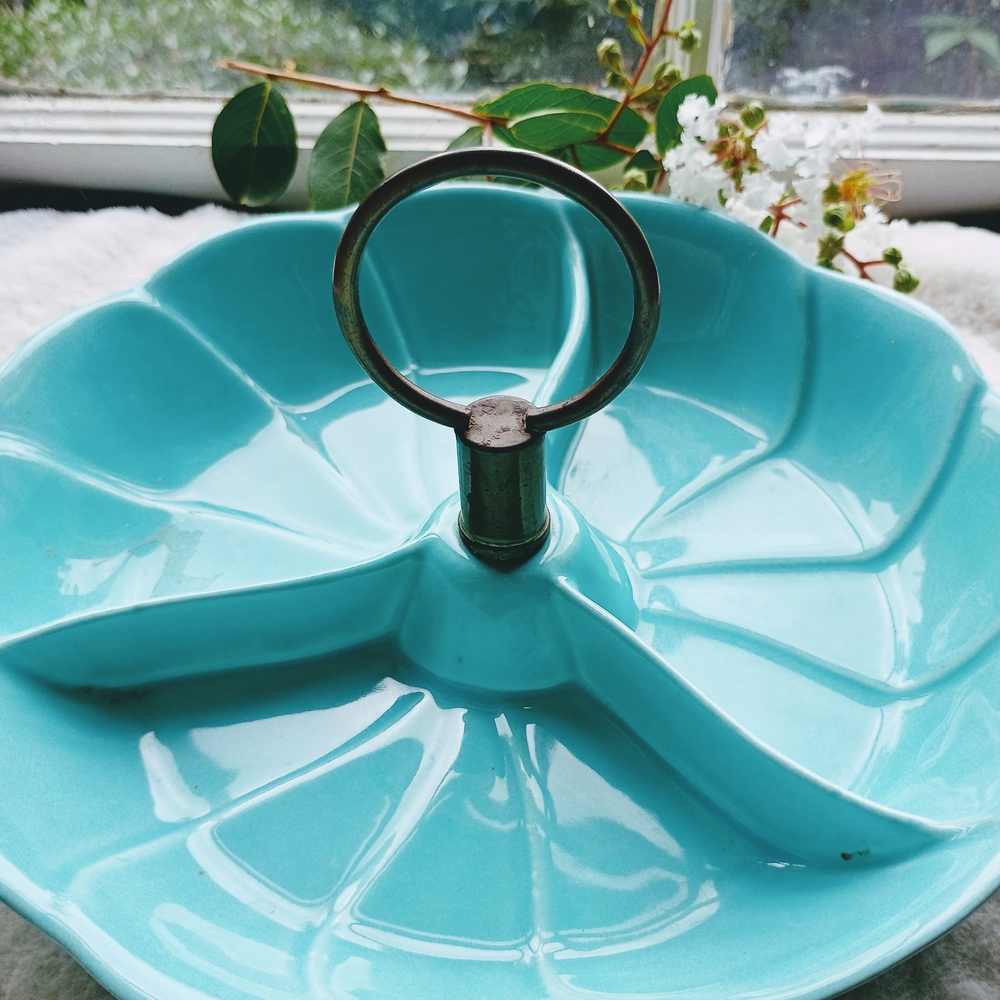 Vintage, Mid-Century, California Pottery aqua 3 section candy Dish, Serving Dish - Picture 3 of 10